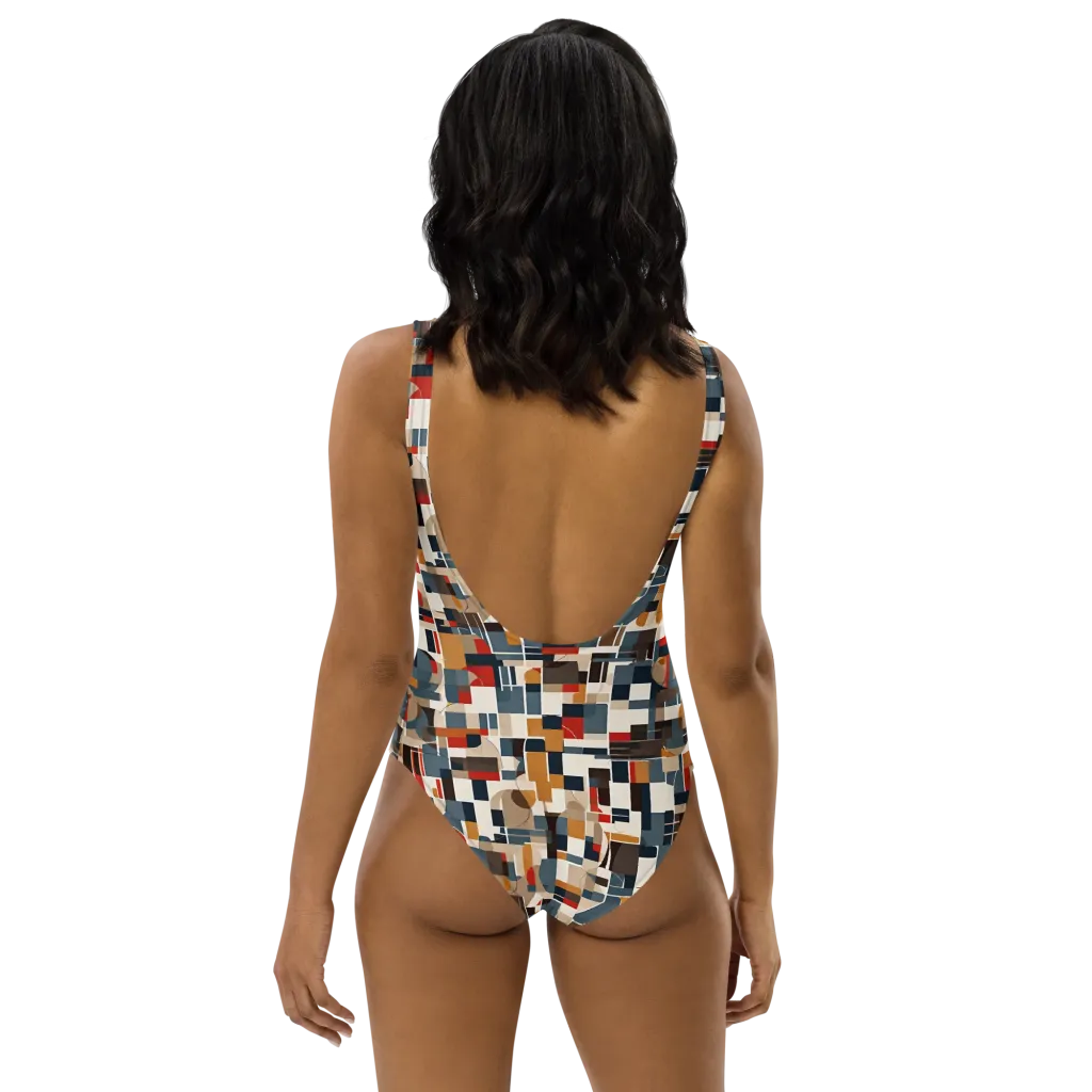Ochre Grid on One-Piece Swimsuit — Back