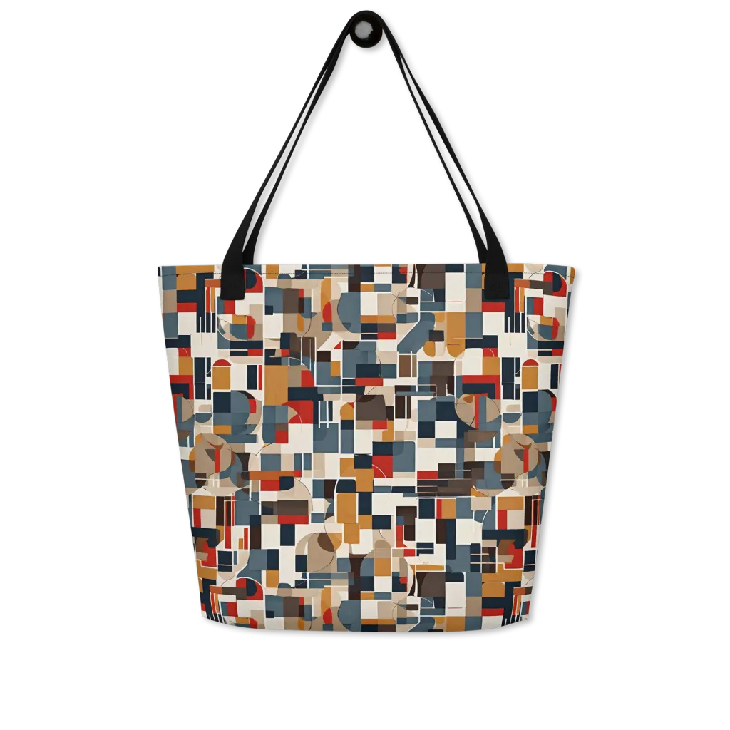 Ochre Grid on Large Tote Bag W/ Pocket — Front
