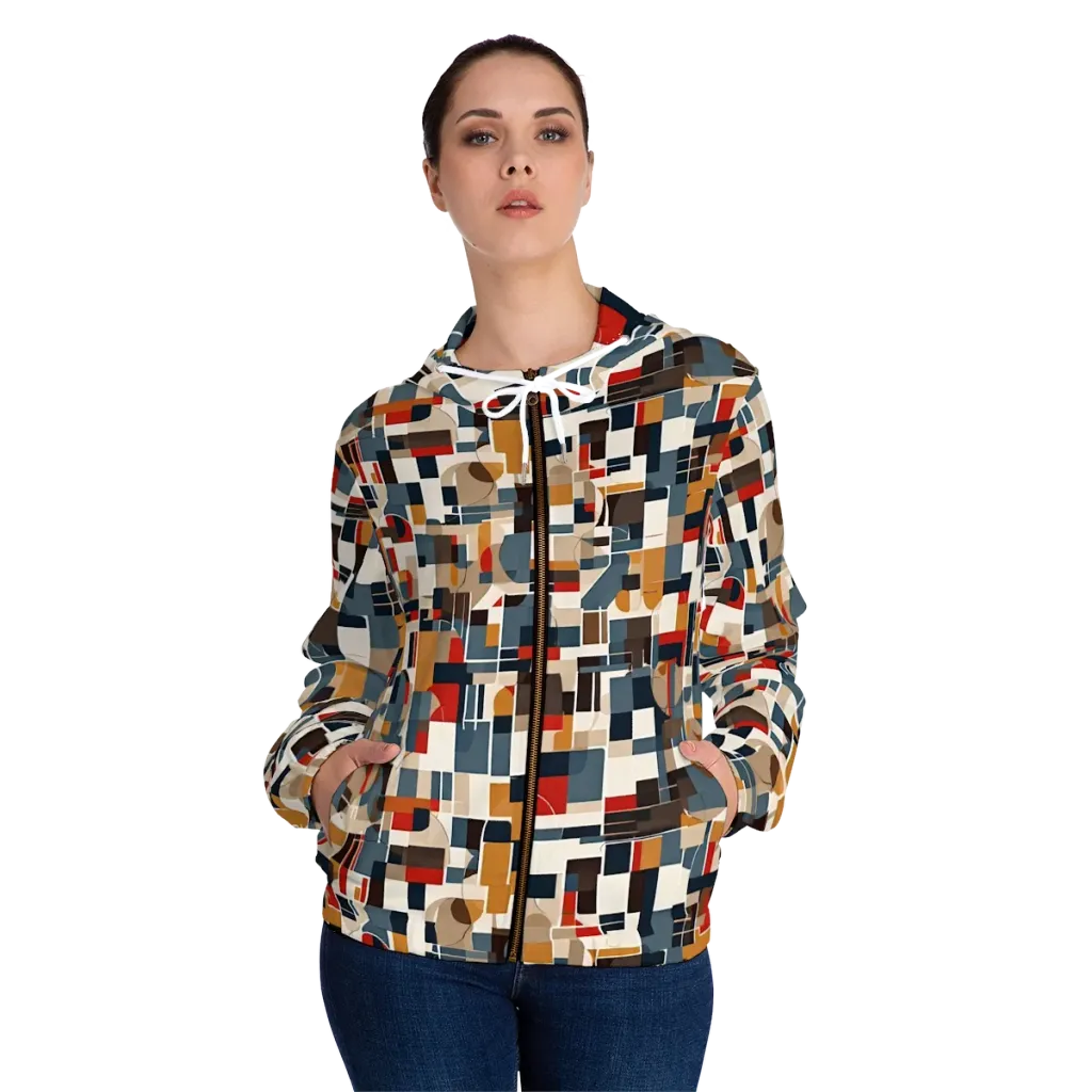 Ochre Grid on Women's Full-Zip Hoodie — Front On Person
