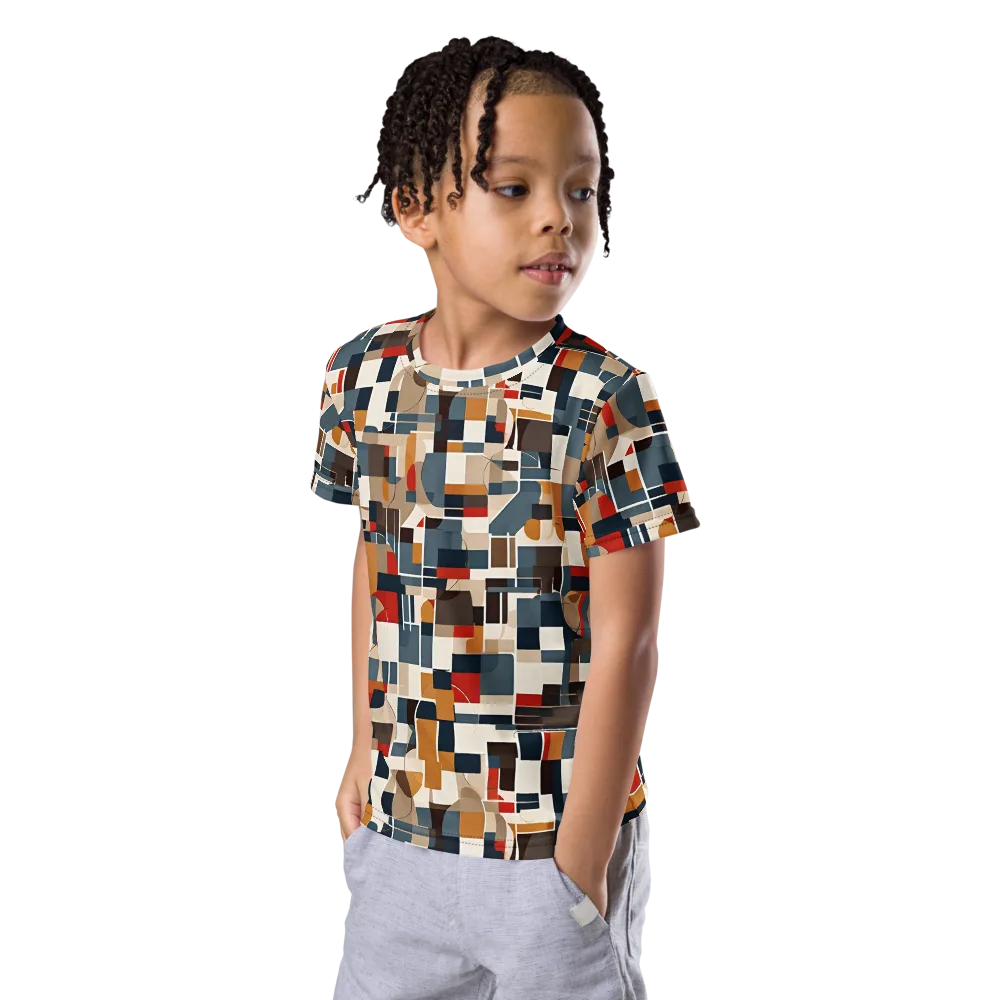 Ochre Grid on Kids Crew Neck T-Shirt — Left Front