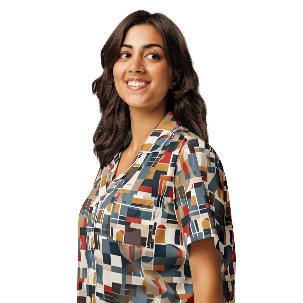 Ochre Grid on Women's Short Sleeve Pajama Top — Left Front