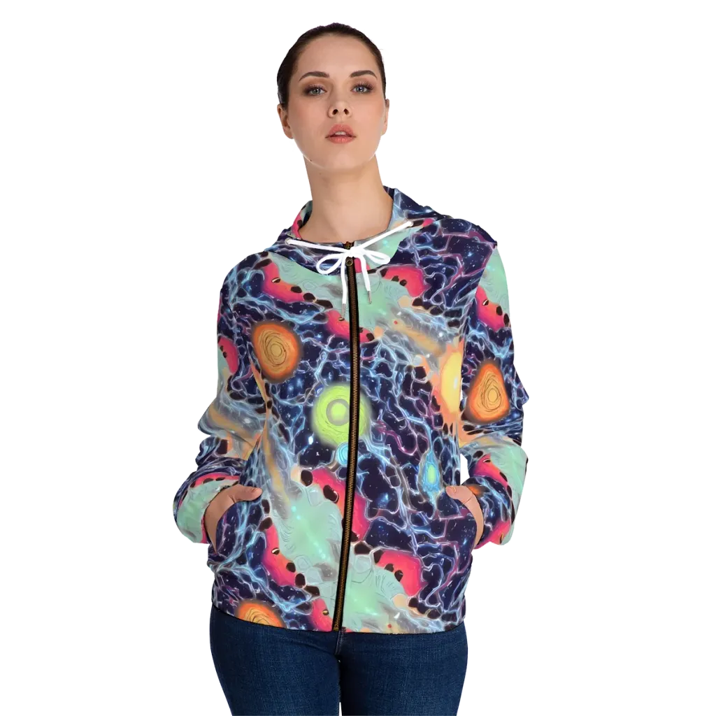 Cosmic Tidal Flux on Women's Full-Zip Hoodie — Front On Person