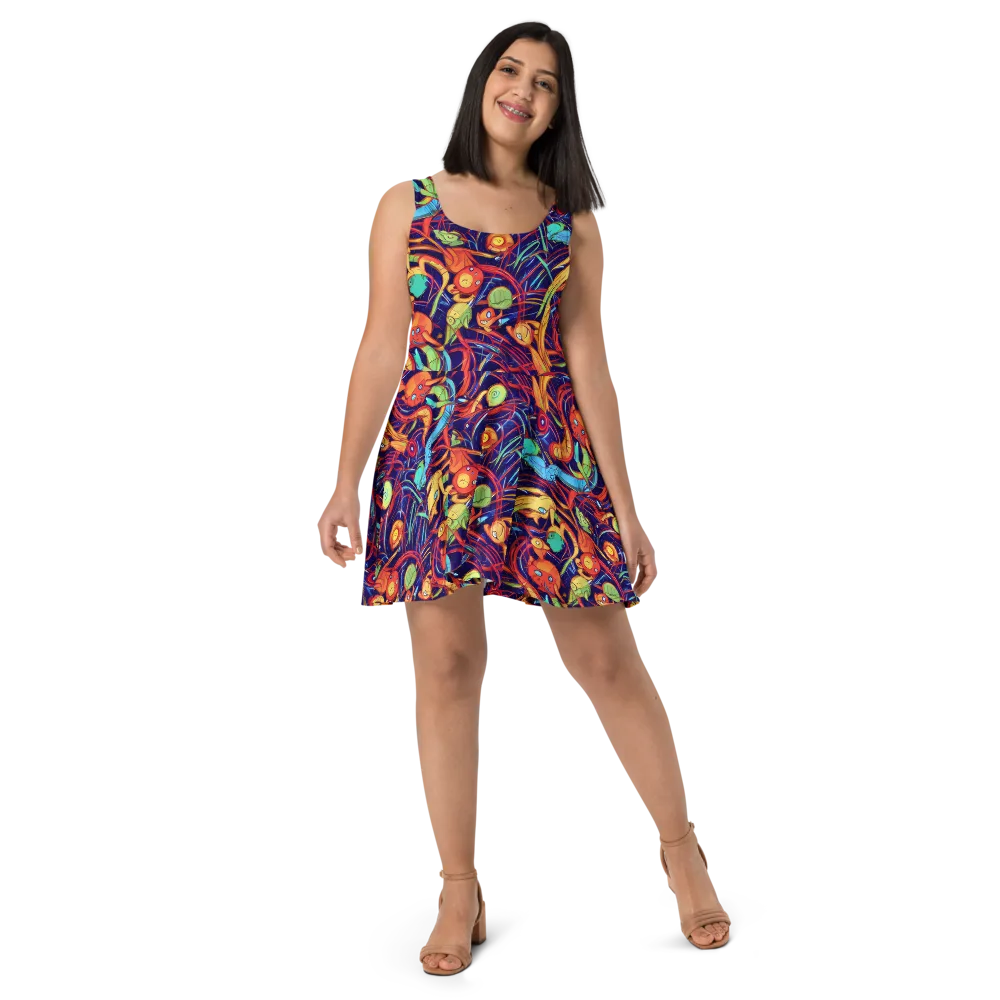Neon Reef Rapture on Skater Dress — Front