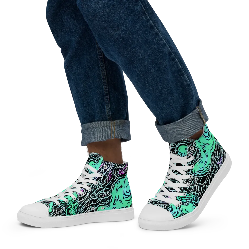 Neon Bloom Static on Men's High Top Canvas Shoes — Left
