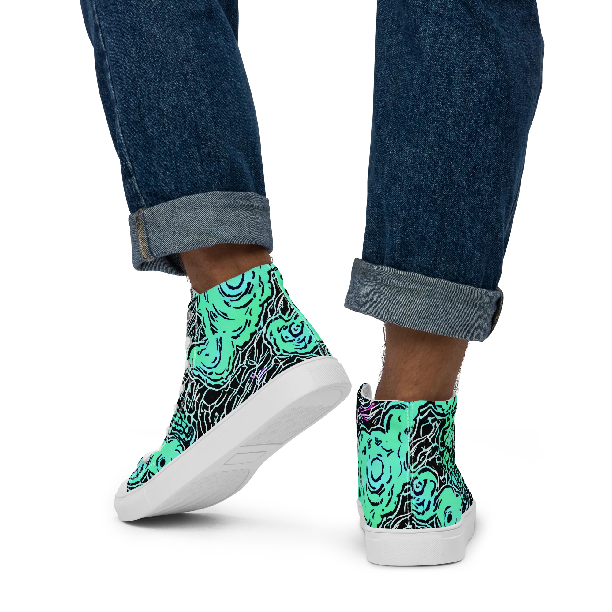 Neon Bloom Static on Men's High Top Canvas Shoes — Back