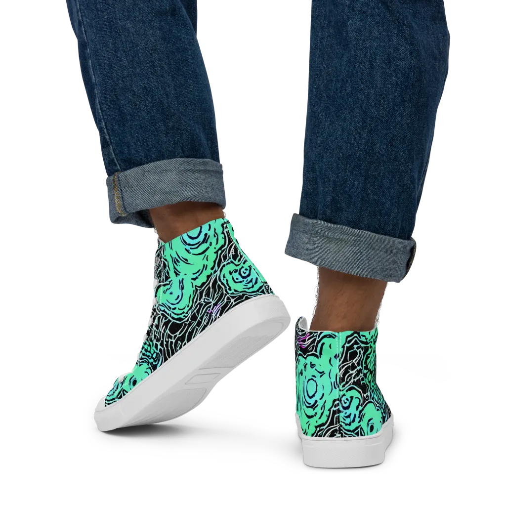 Neon Bloom Static on Men's High Top Canvas Shoes — Back