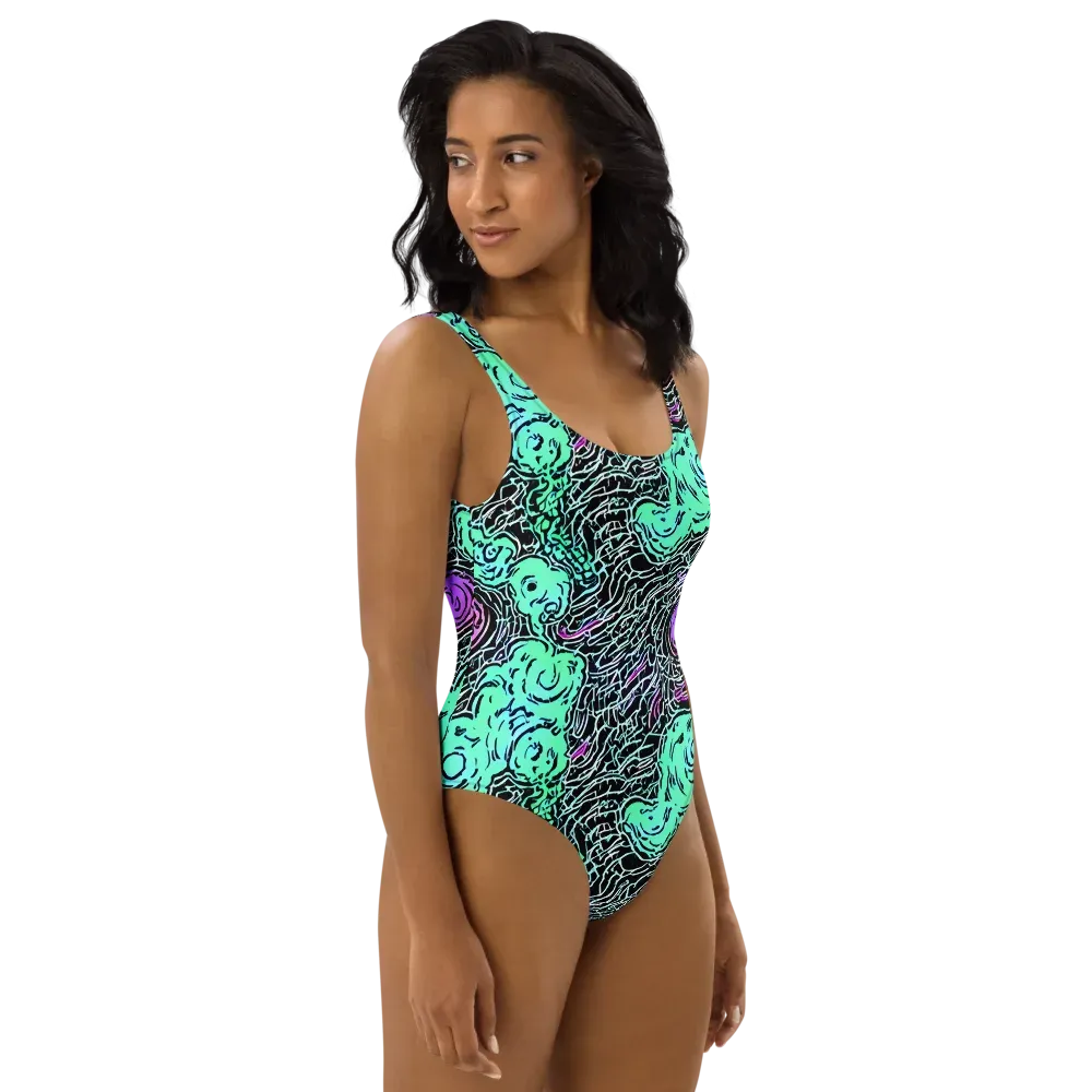Neon Bloom Static on One-Piece Swimsuit — Right