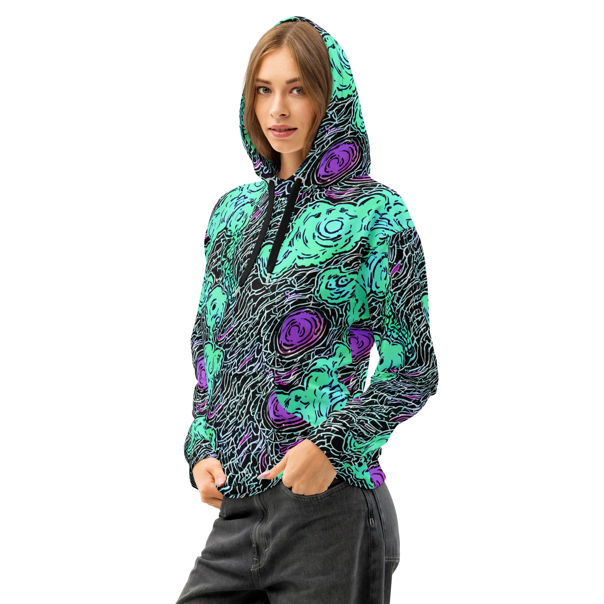 Neon Bloom Static on Cotton Hoodie — Left Front