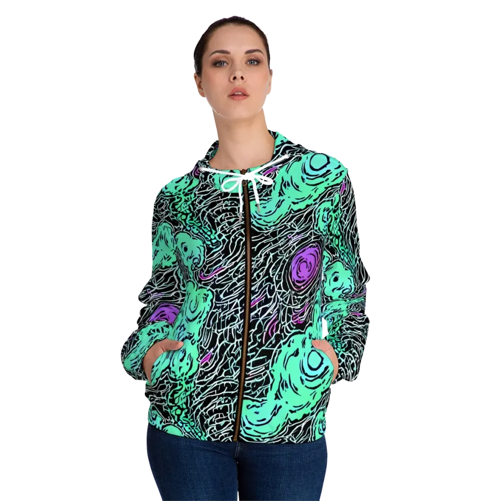 Neon Bloom Static on Women's Full-Zip Hoodie — Front On Person