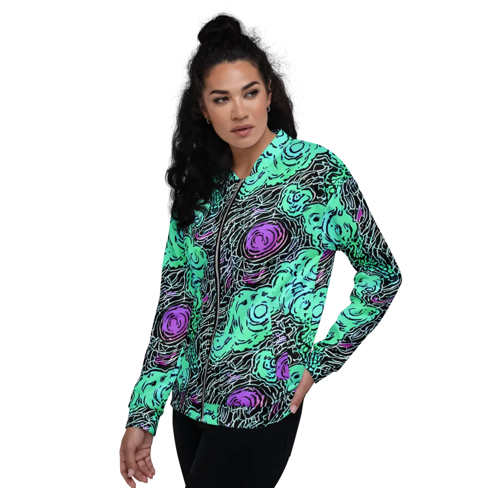 Neon Bloom Static on Bomber Jacket — Left