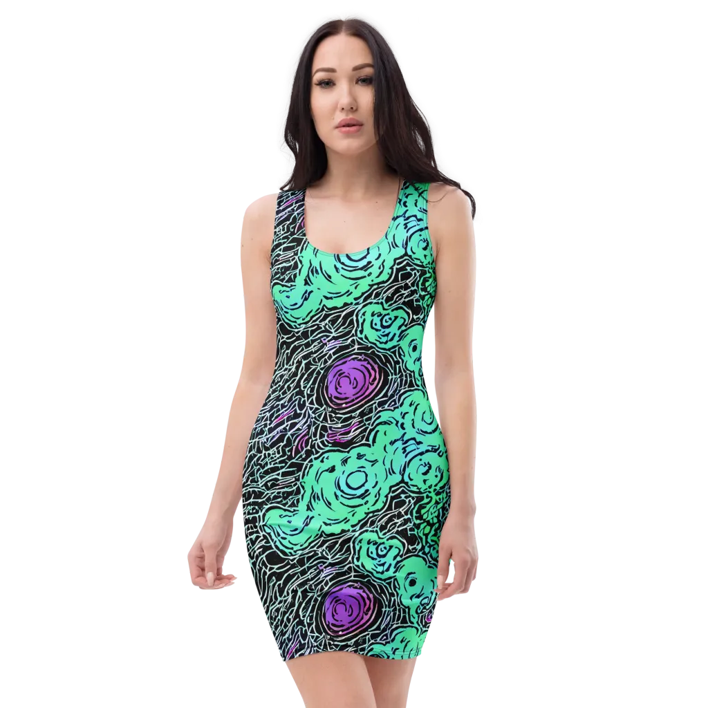 Neon Bloom Static on Bodycon Dress — Front