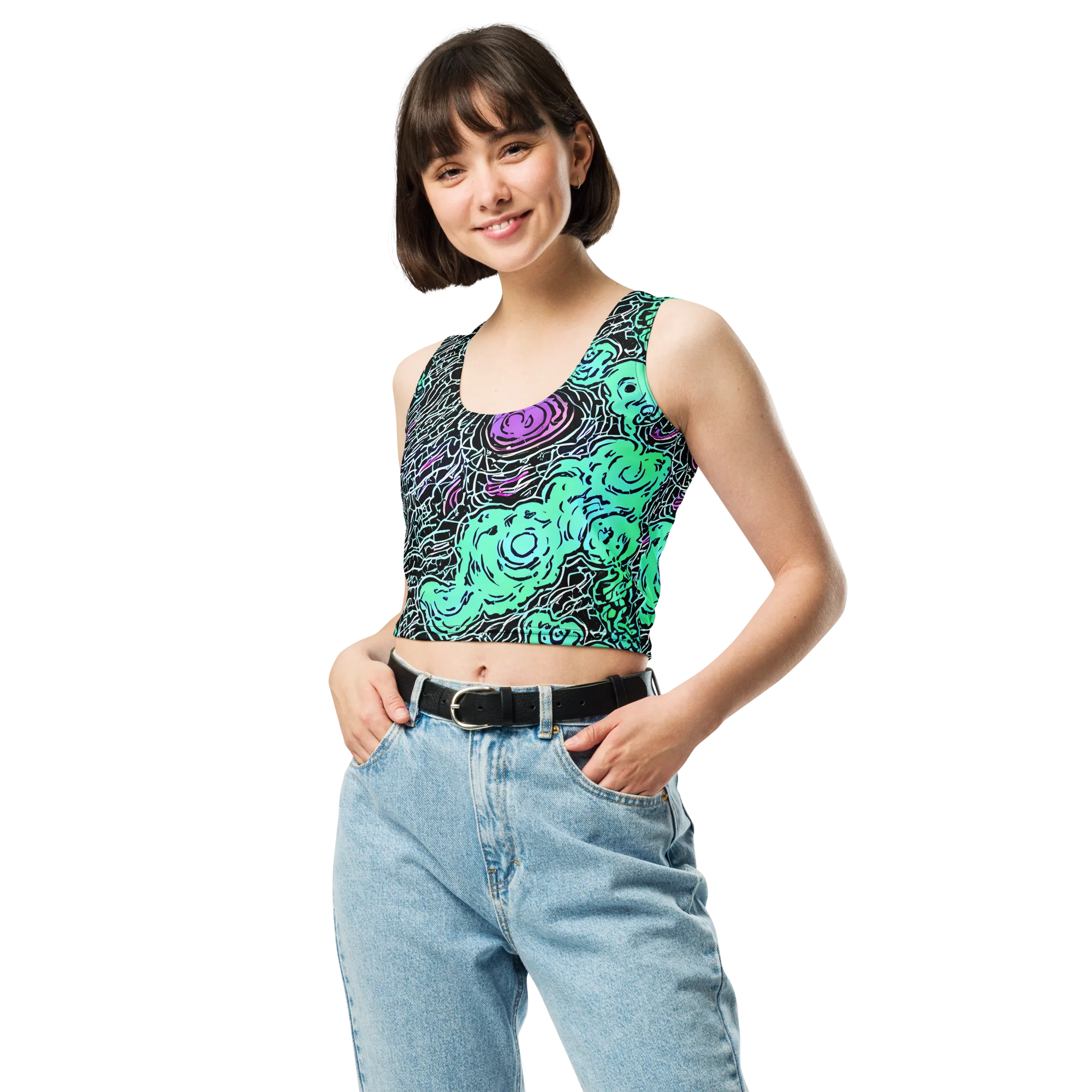 Neon Bloom Static on Crop Top — Front