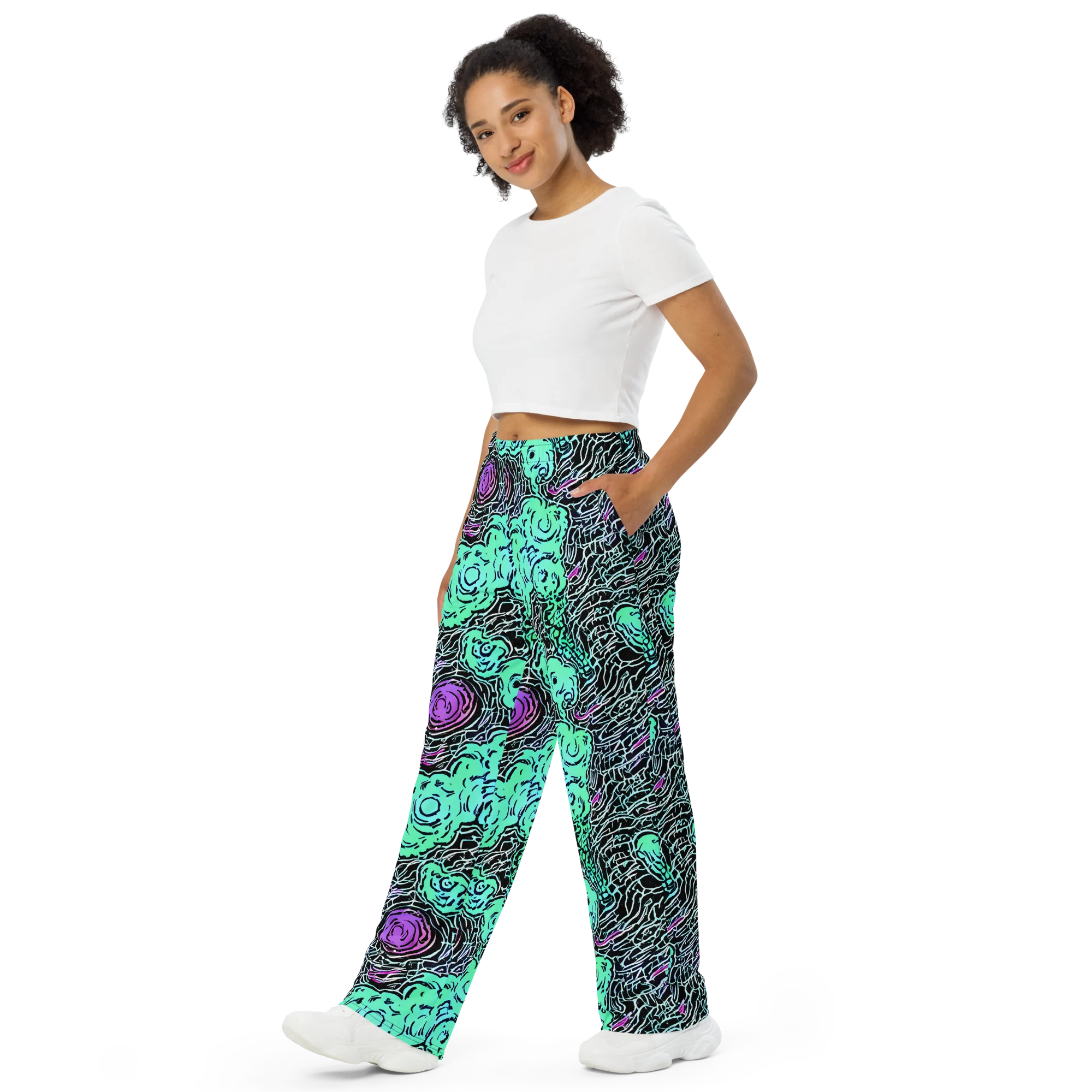 Neon Bloom Static on Wide-Leg Pants — Left Front