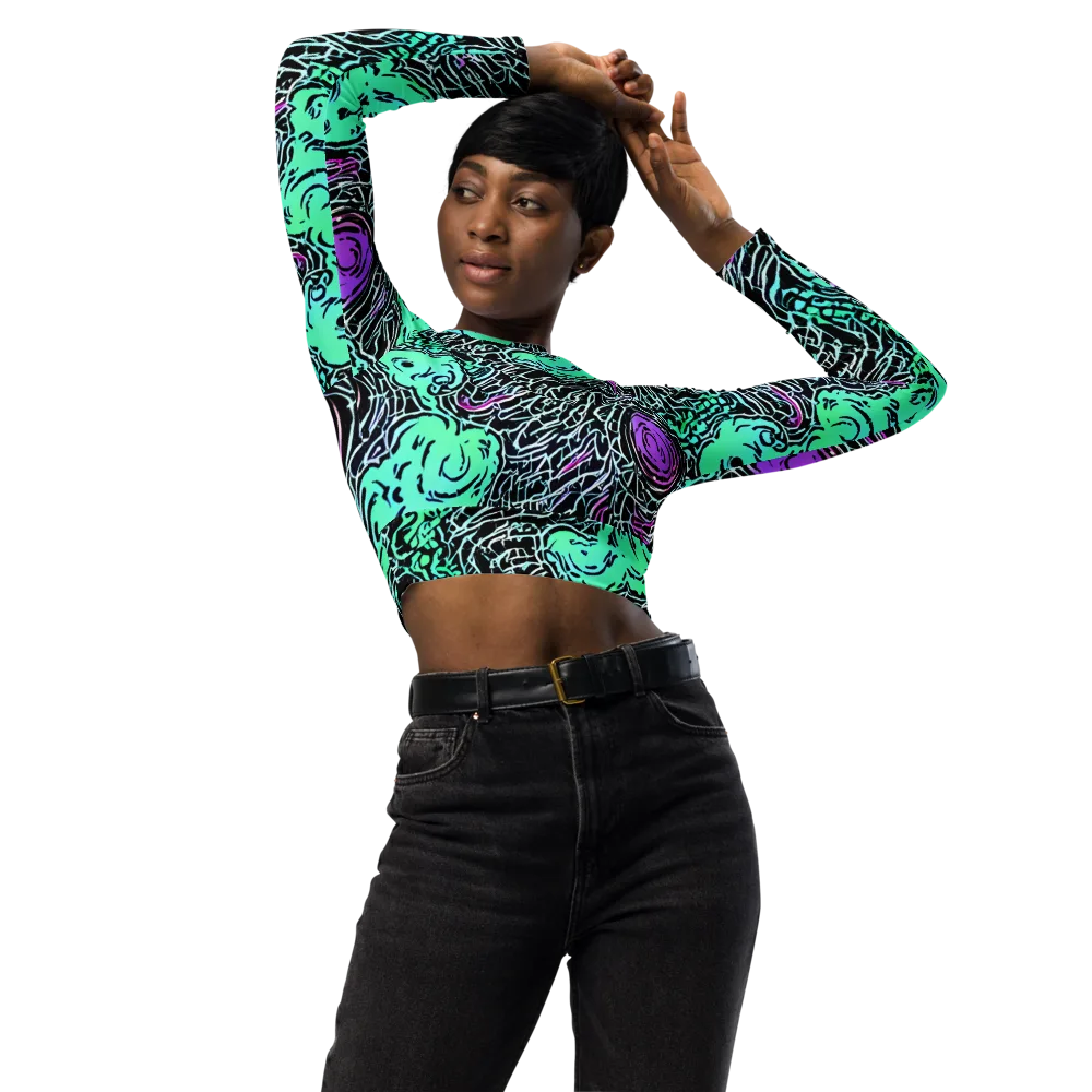 Neon Bloom Static on Long Sleeve Crop Top — Front