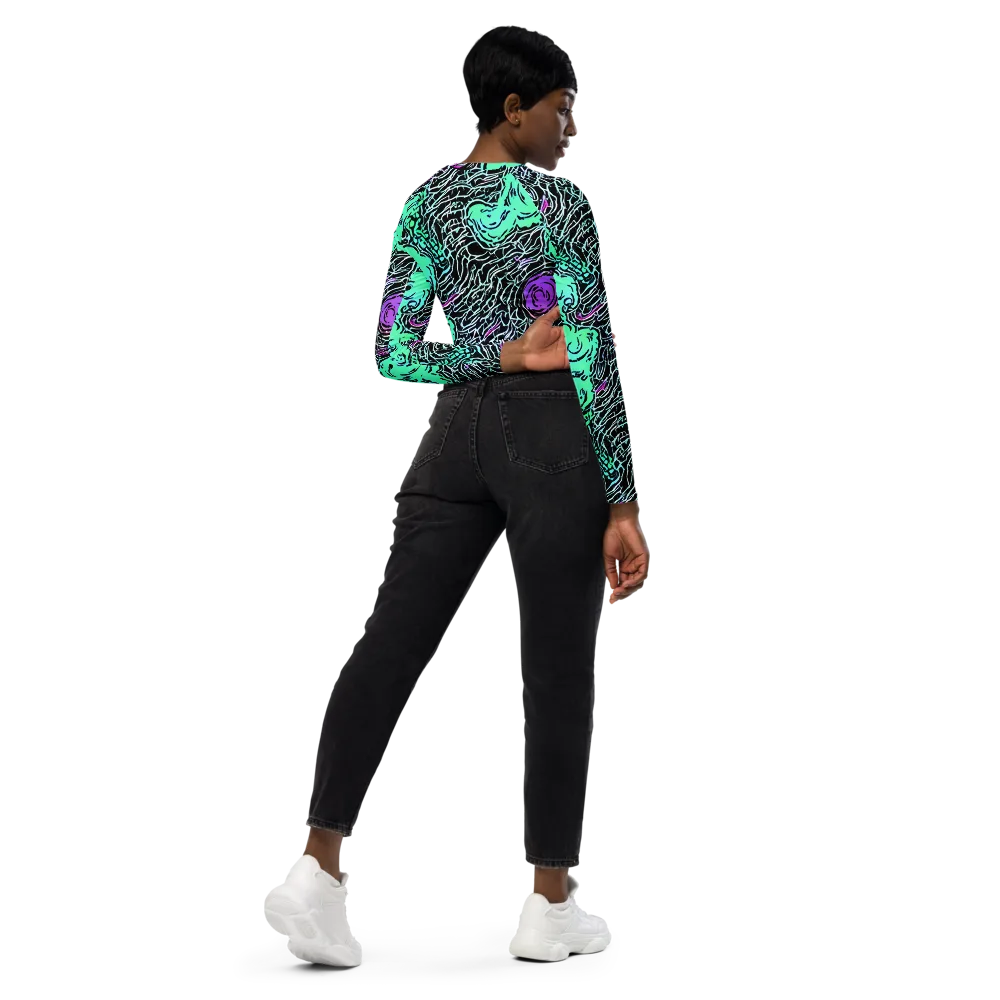 Neon Bloom Static on Long Sleeve Crop Top — Right Back