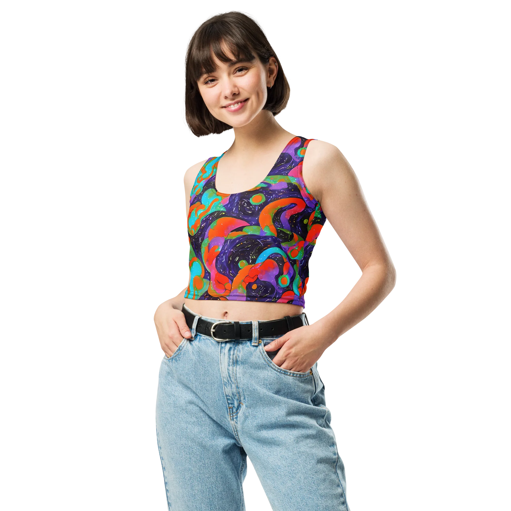 Indigo Citrus Riot on Crop Top — Front