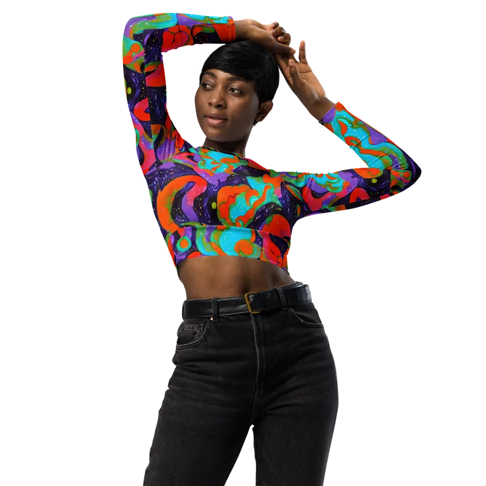 Indigo Citrus Riot on Long Sleeve Crop Top — Front