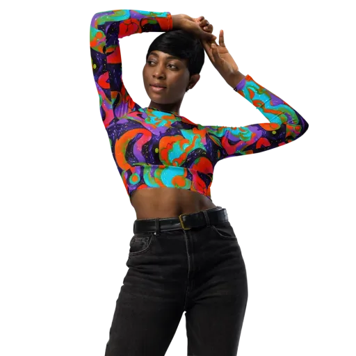 Indigo Citrus Riot on a Long Sleeve Crop Top