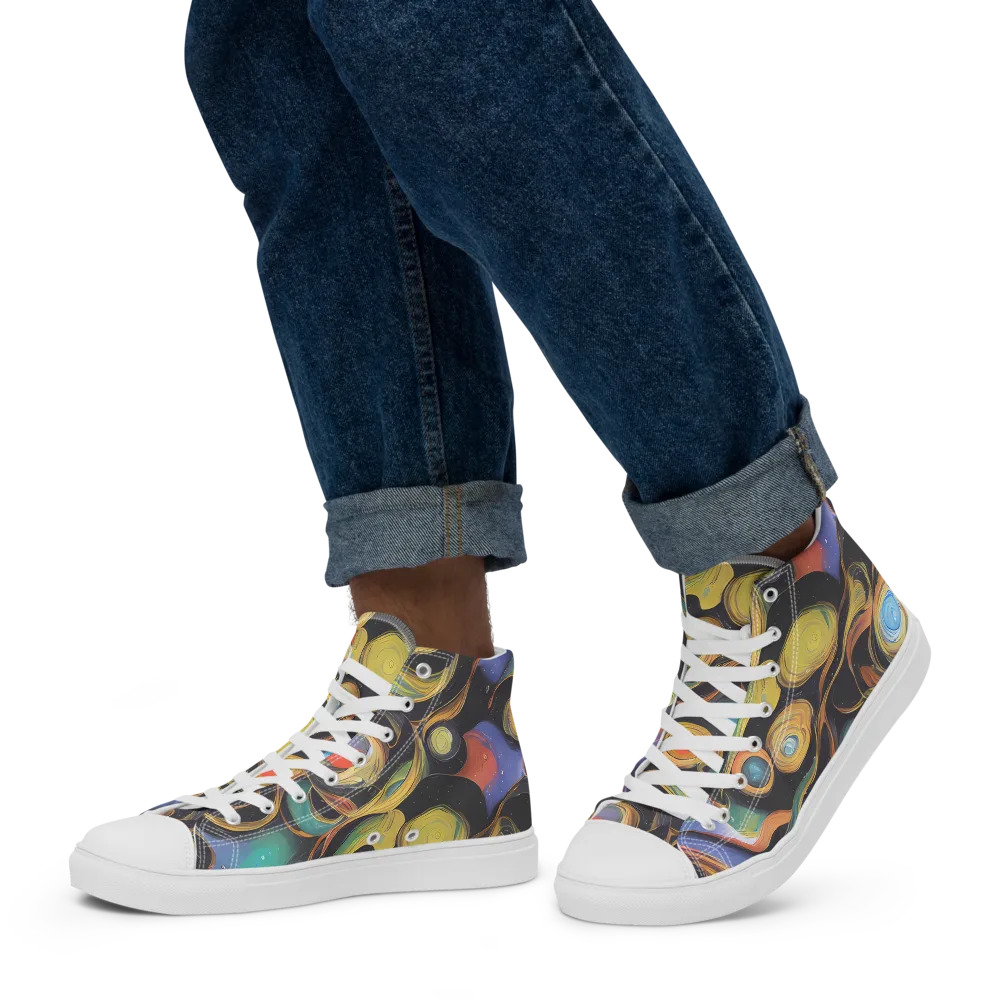 Planetary Ribbons on Men's High Top Canvas Shoes — Left