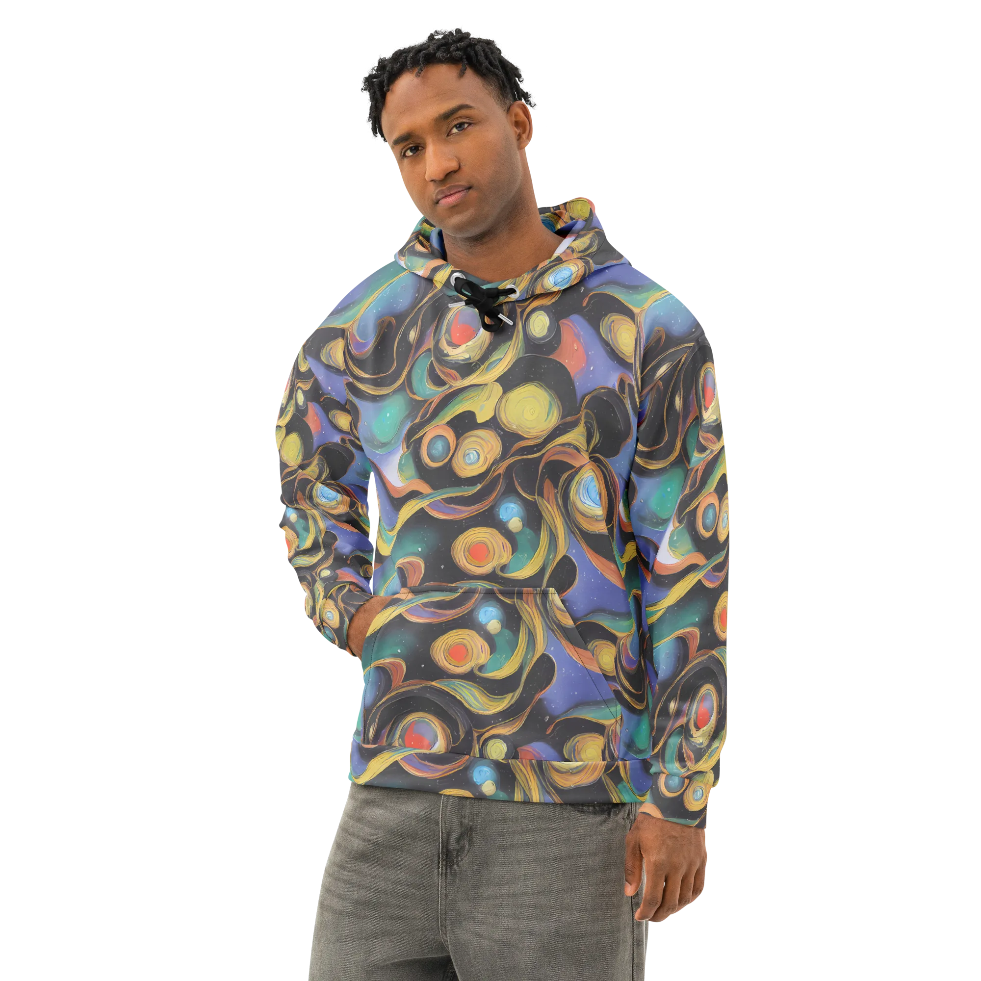 Planetary Ribbons on Cotton Hoodie — Left Front
