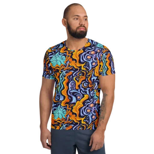 Midnight Fireflow on a Men's Athletic T-Shirt