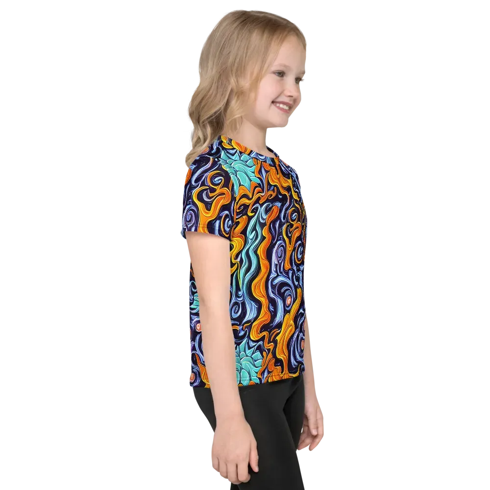 Midnight Fireflow on Kids Crew Neck T-Shirt — Right