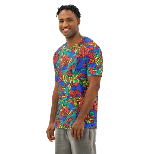Vivid Bloomstorm on a Men's Cotton Crew Neck T-Shirt