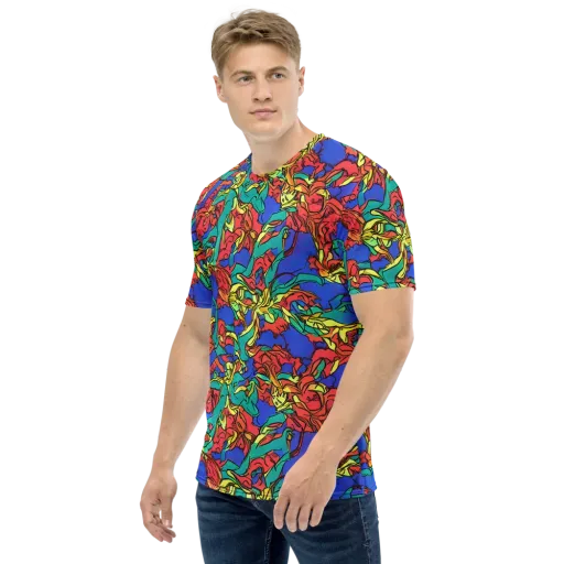 Vivid Bloomstorm on a Men's Crew Neck T-Shirt