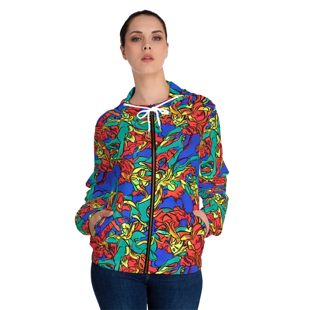 Vivid Bloomstorm on Women's Full-Zip Hoodie — Front On Person