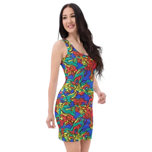 Vivid Bloomstorm on a Bodycon Dress