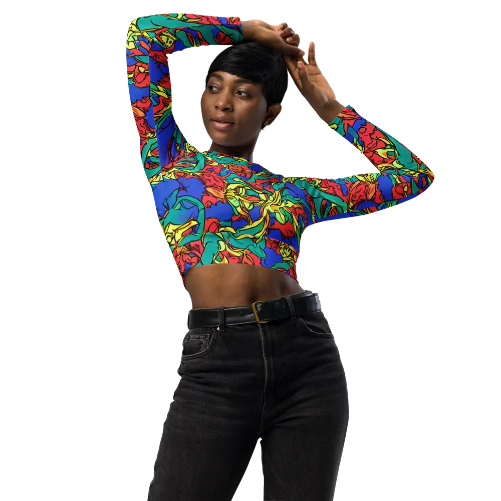 Vivid Bloomstorm on Long Sleeve Crop Top — Front