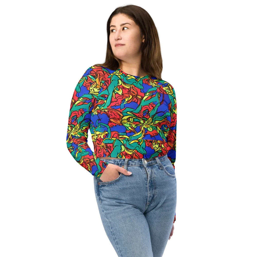 Vivid Bloomstorm on Long Sleeve Crop Top — Front