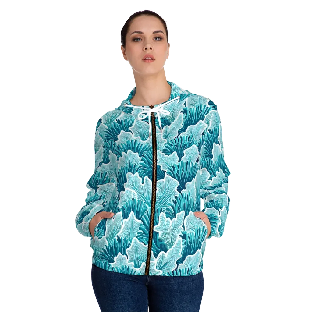 Azure Coral on Women's Full-Zip Hoodie — Front On Person