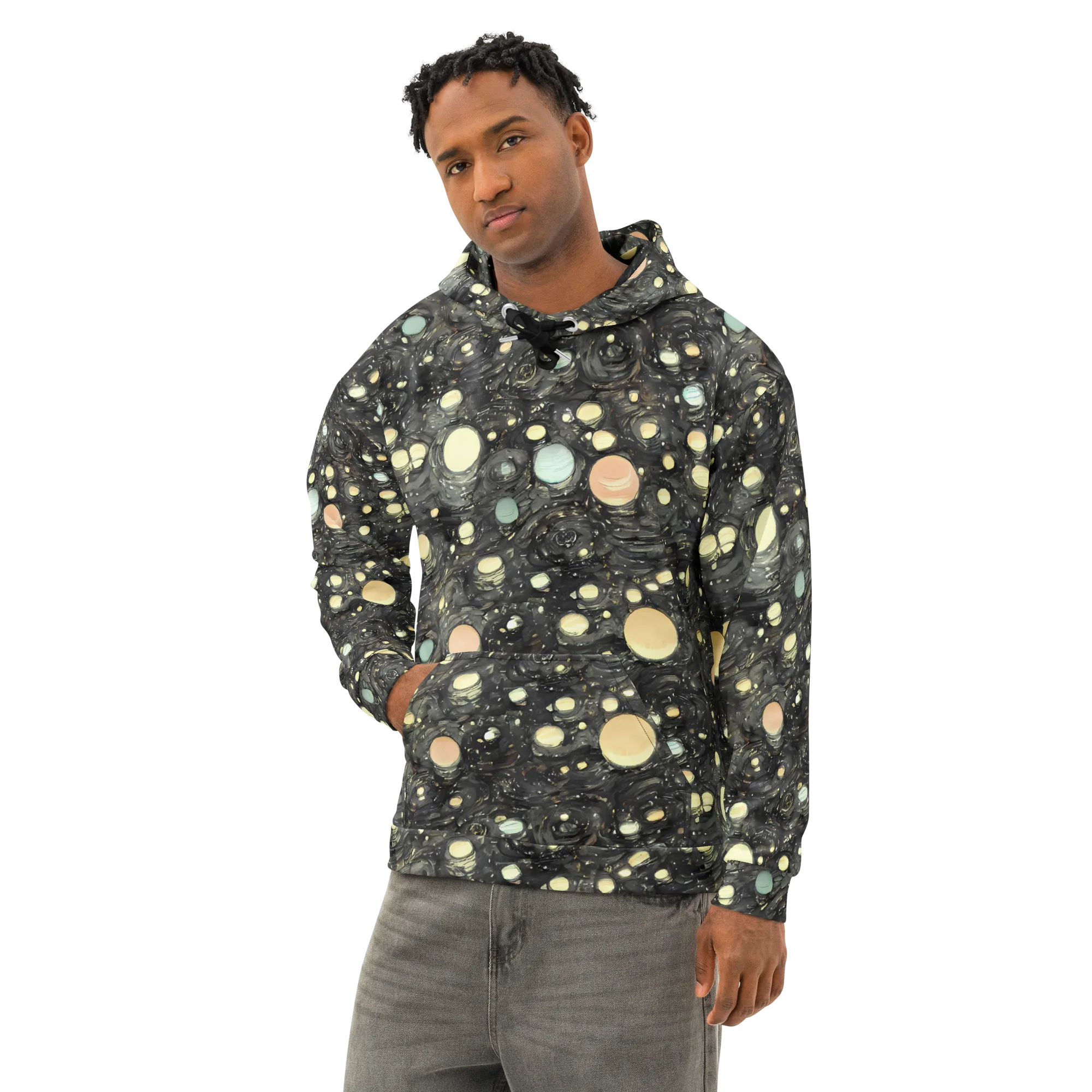 Planetary Ink on Cotton Hoodie — Left Front