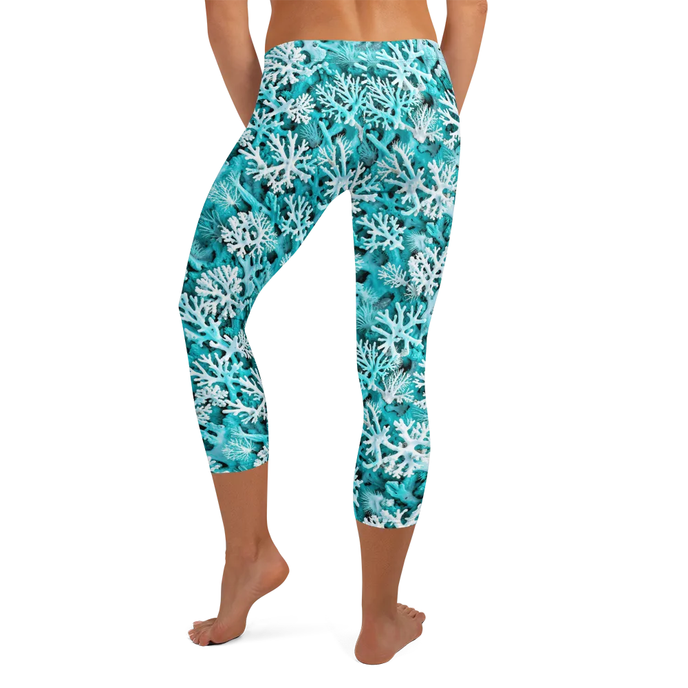 Aqua Coral Bloom on Capri Leggings — Back