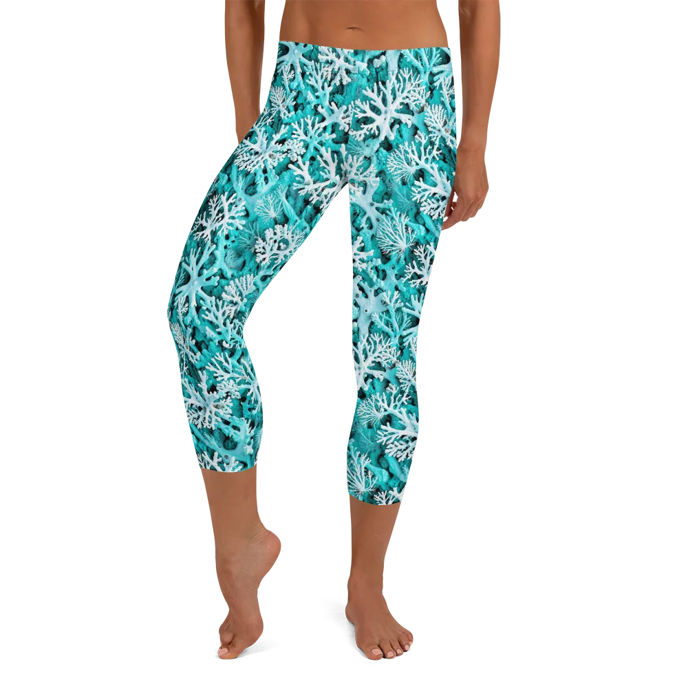 Aqua Coral Bloom on Capri Leggings — Front