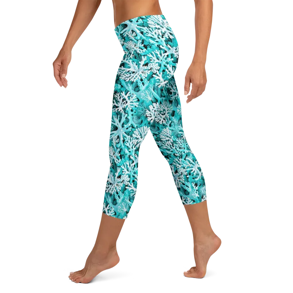 Aqua Coral Bloom on Capri Leggings — Left