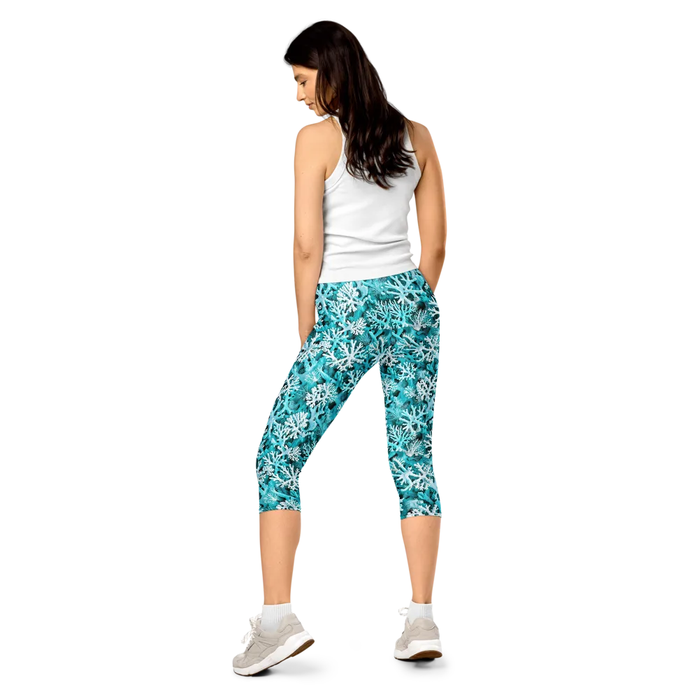 Aqua Coral Bloom on Capri Leggings — Back