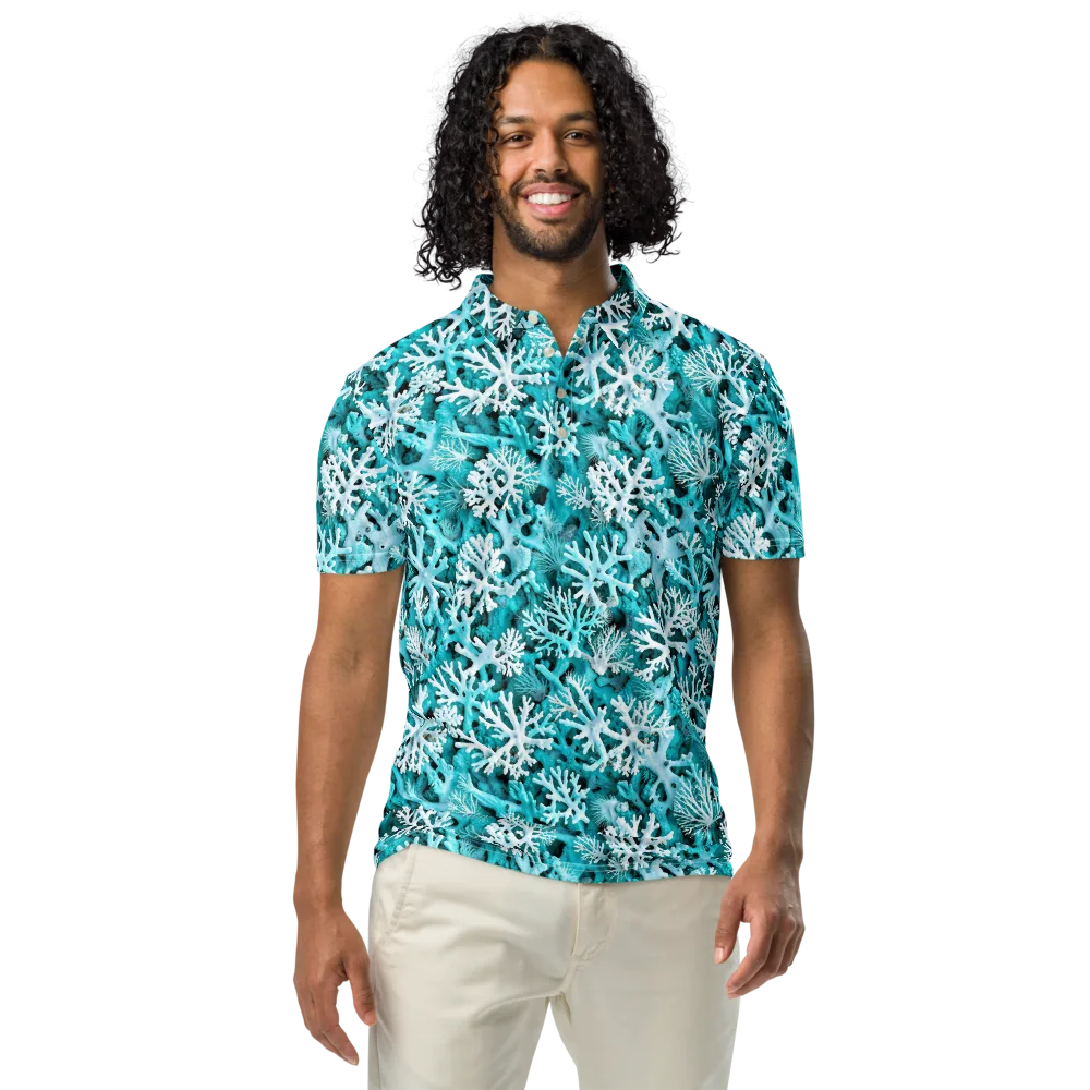Aqua Coral Bloom on Men's Slim Fit Polo Shirt — Front