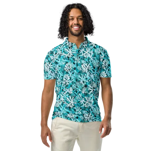 Aqua Coral Bloom on a Men's Slim Fit Polo Shirt