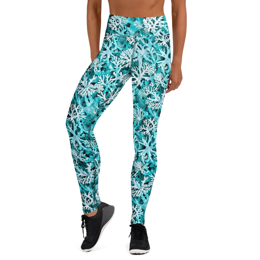 Aqua Coral Bloom on Yoga Leggings — Front
