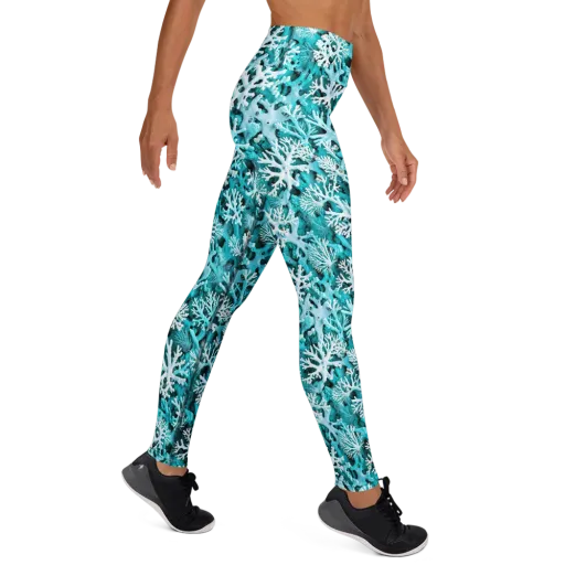 Aqua Coral Bloom on a Yoga Leggings