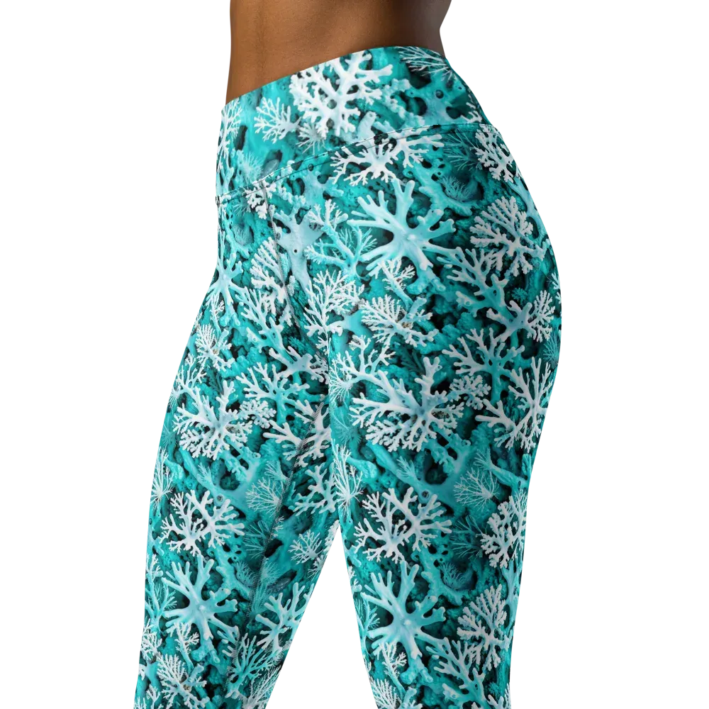 Aqua Coral Bloom on Yoga Leggings — Left Front