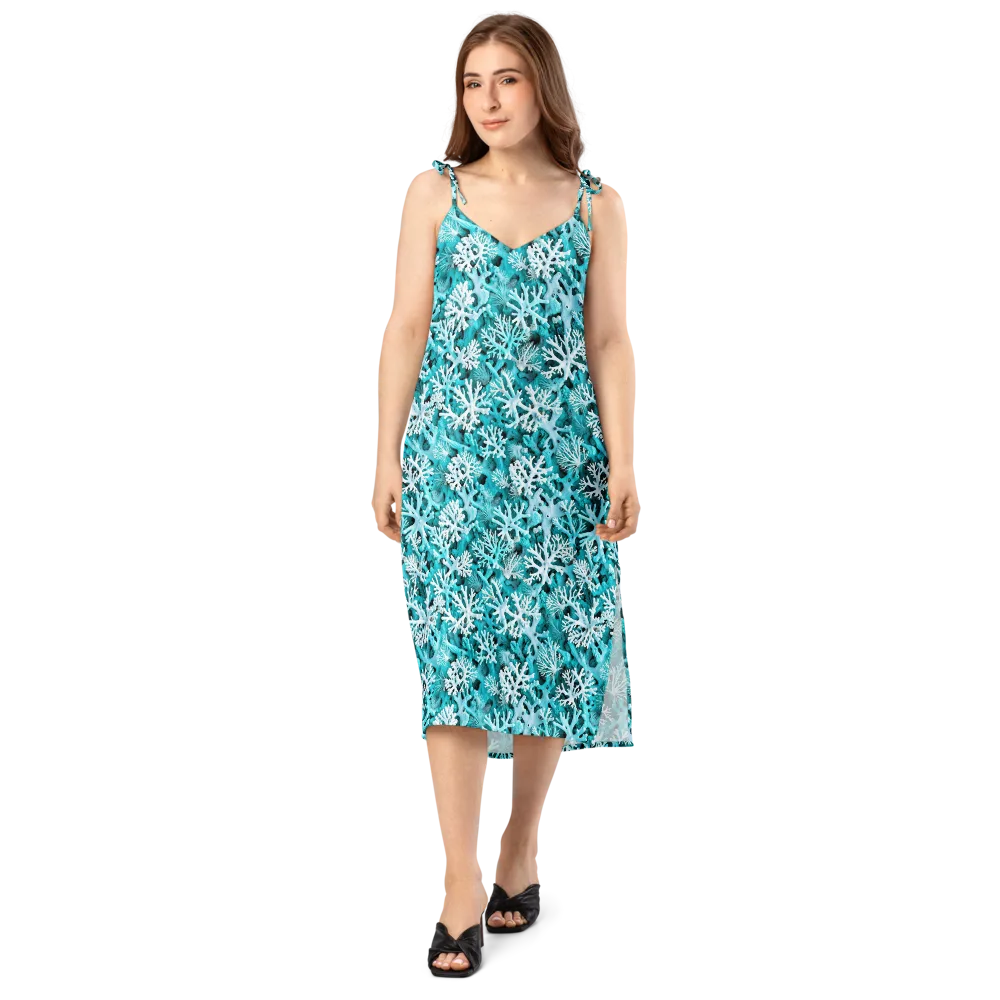 Aqua Coral Bloom on Slip Dress — Front
