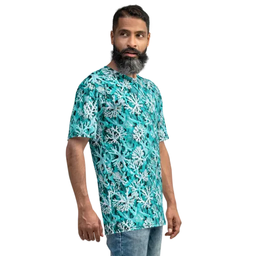 Aqua Coral Bloom on a Men's Crew Neck T-Shirt