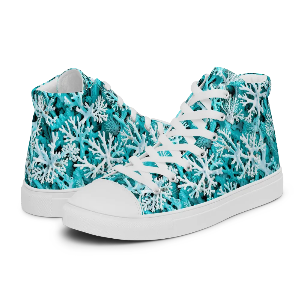 Aqua Coral Bloom on Men's High Top Canvas Shoes — Left