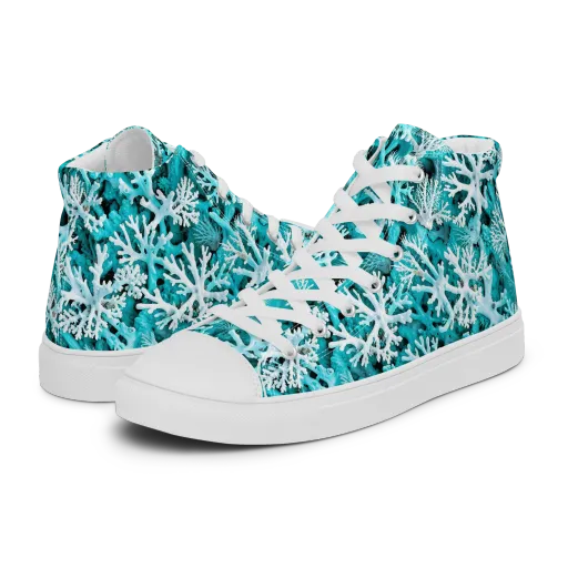 Aqua Coral Bloom on a Men's High Top Canvas Shoes