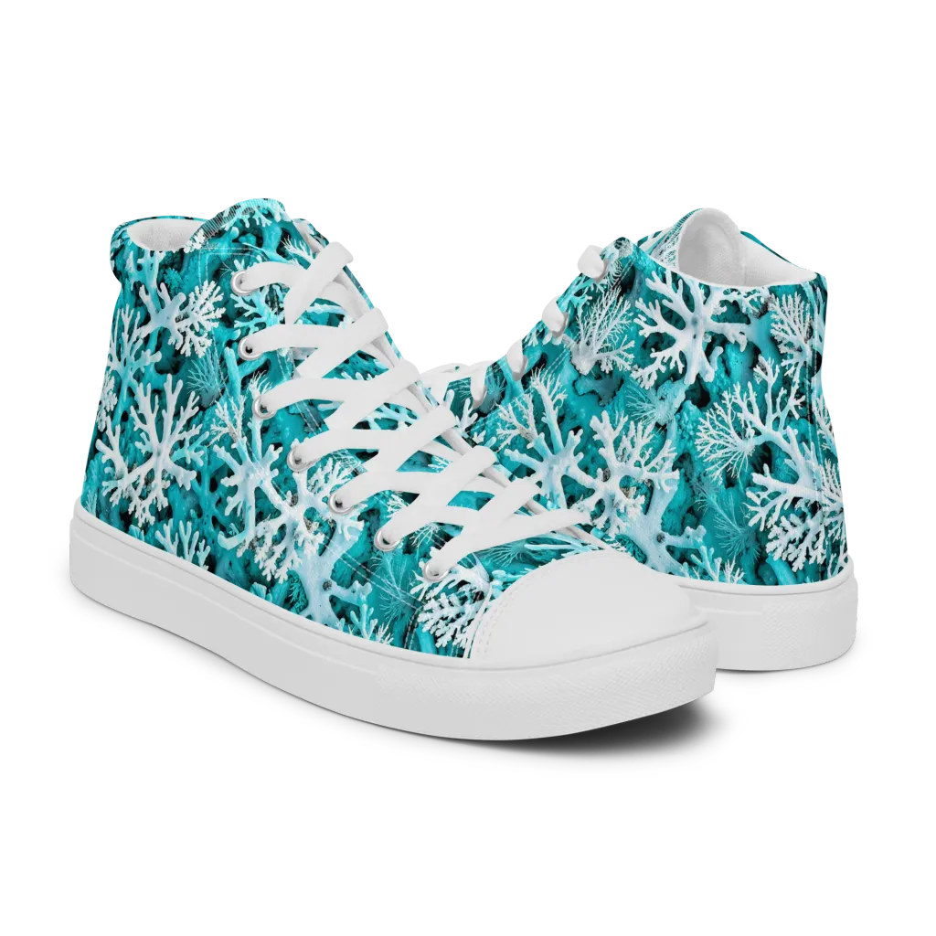 Aqua Coral Bloom on Men's High Top Canvas Shoes — Right