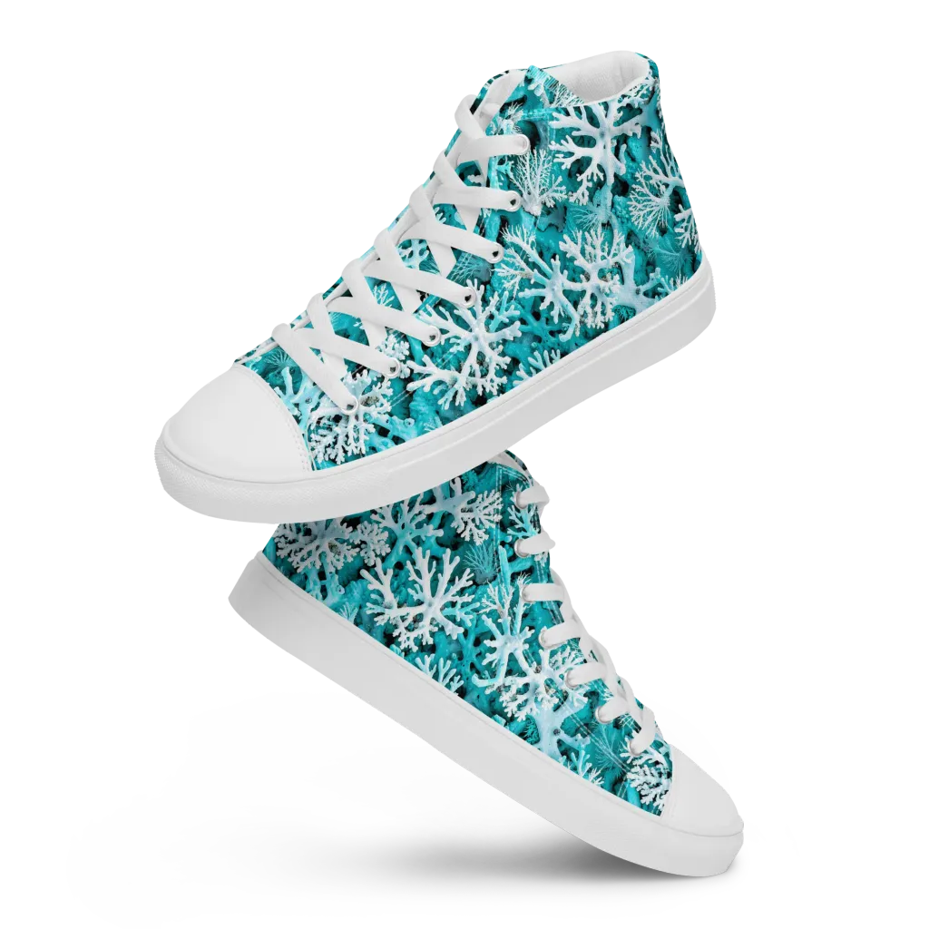 Aqua Coral Bloom on Men's High Top Canvas Shoes — Front