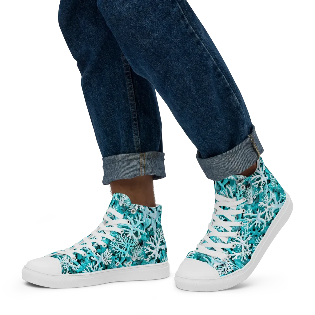 Aqua Coral Bloom on Men's High Top Canvas Shoes — Left